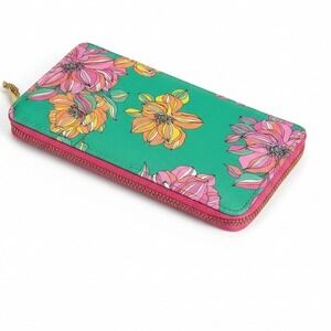 Trina Turk Zip Around Wallet Green Floral Pink Orange Yellow Gold